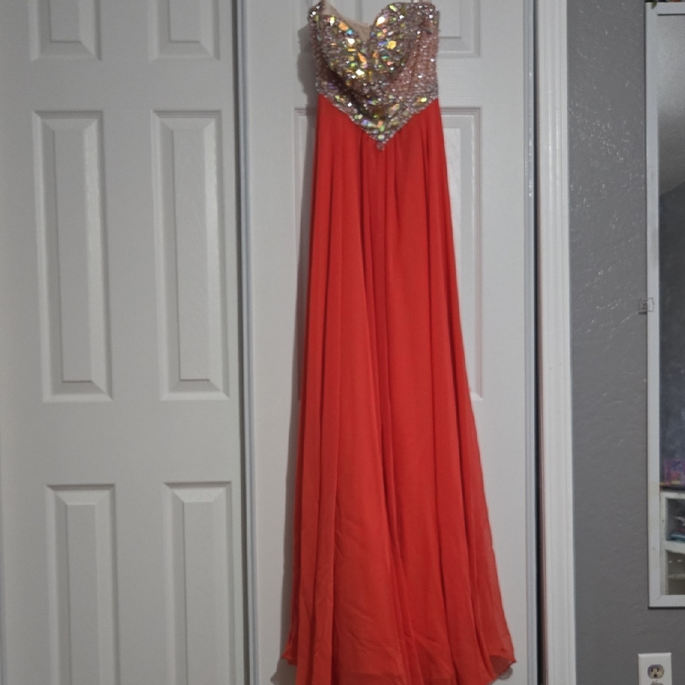 Glamour Coral Orange Beaded Sweetheart Prom Gown